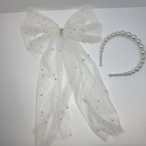 Bridal Hair Accessories Lot Graduated Pearl Headband & Tulle Embellished Bow